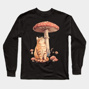 Cat Mushroom Encounters Pawprints in Fungi Long Sleeve T-Shirt